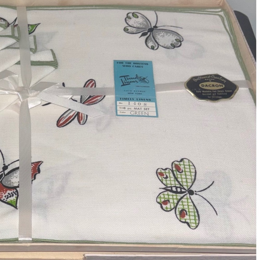 Vintage Timely Linens | 8pc Set |‎ Embroidered Butterfly | MCM | NEW Small Flaw